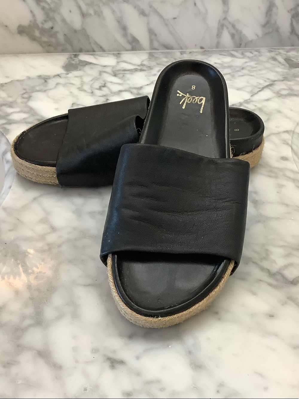 BEEK Black Leather and Jute Slide Espadrille sz 8